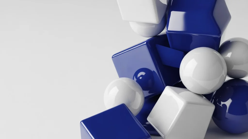 Cobalt blue and white minimalist Christmas decorations with sleek geometric ornaments and clean modern lines.