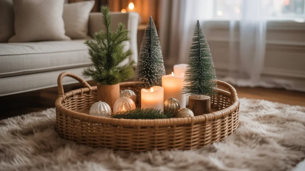 Coffee table with candles, ornaments, and greenery as part of Christmas living room decorating ideas