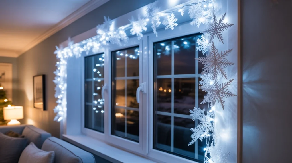 Cool-white LED lights and snowflake garland adding shimmer to a blue and silver Christmas décor scheme.