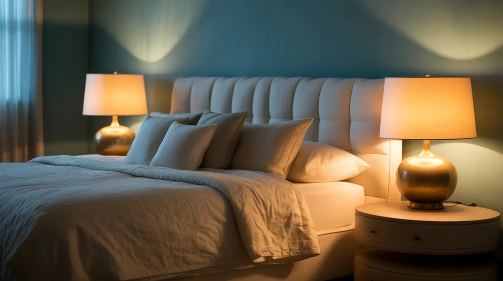 Soft ambient lighting casting a warm glow in a relaxing blue and cream bedroom.