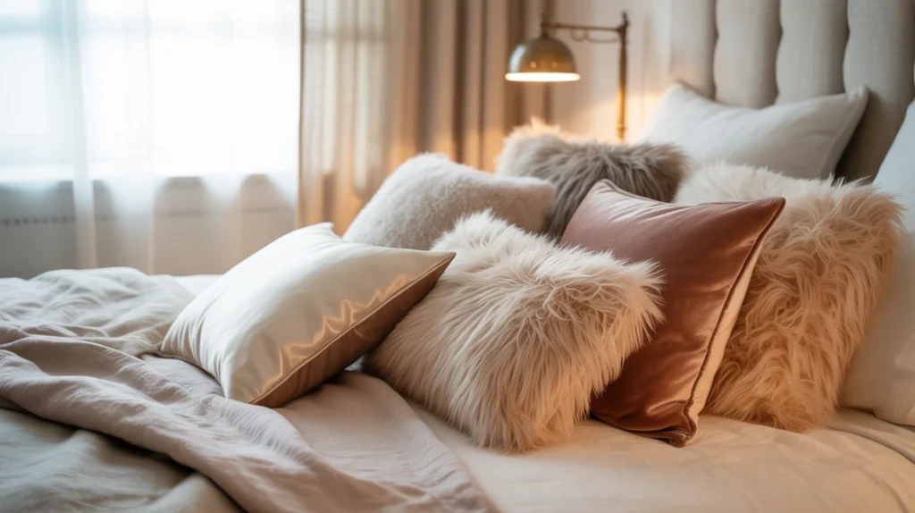 Romantic bedroom bed styled with decorative pillows in soft textures.