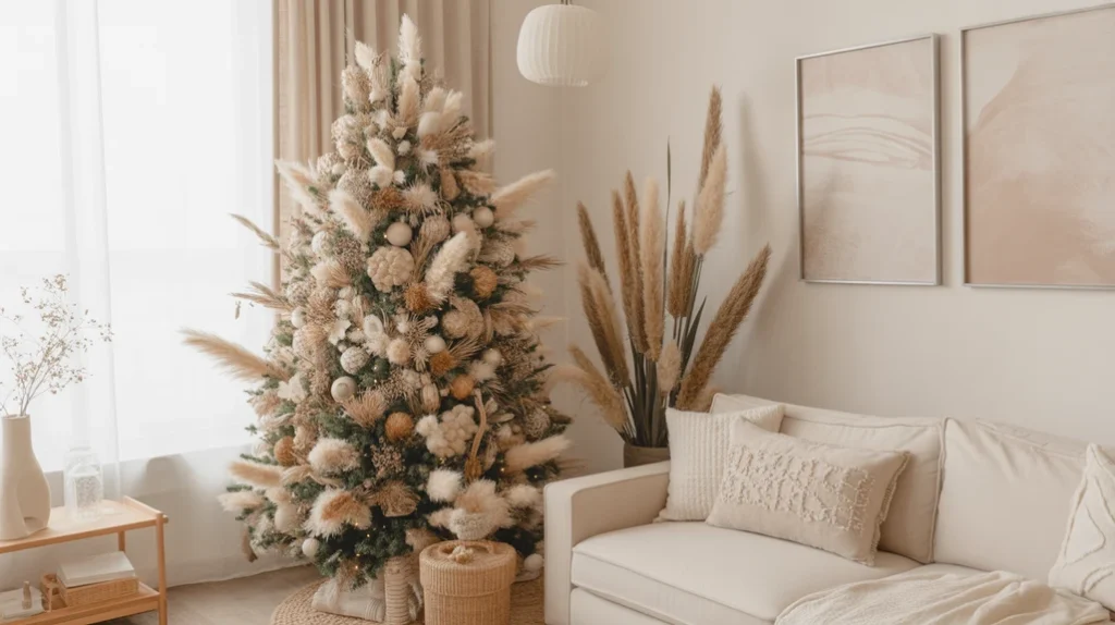 Christmas tree decorated with pampas grass and dried florals for an organic boho minimalist look.