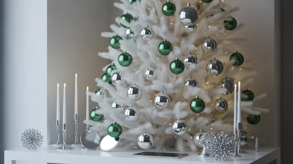 emerald green and silver christmas decorations featuring mirror finishes and crystal candleholders for luxurious festive styling.
