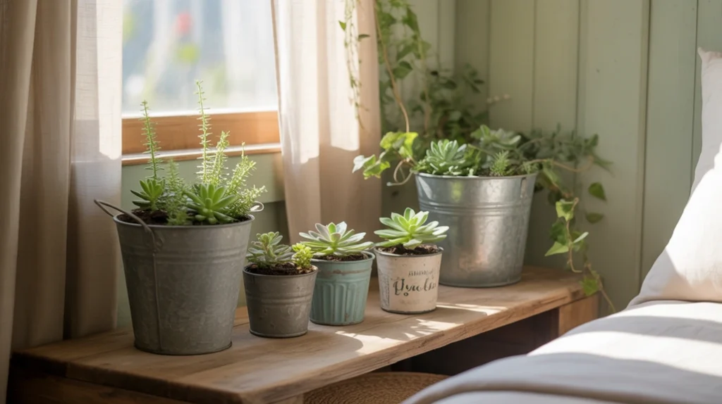 Farmhouse bedroom décor with greenery styled in mason jars and rustic planters.