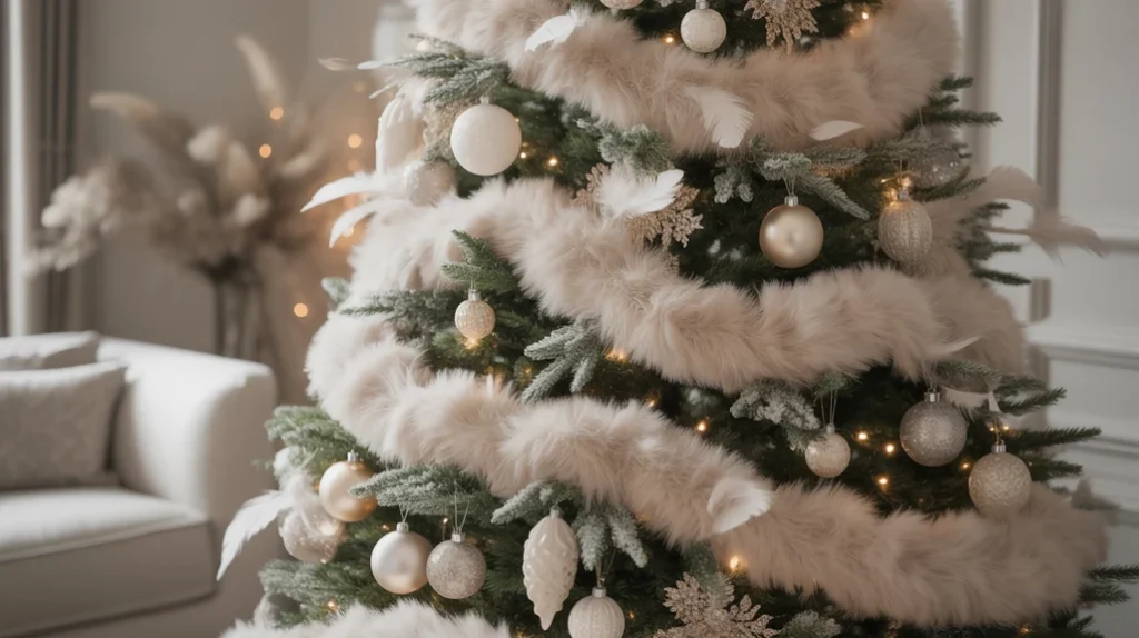 White Christmas tree with faux fur garland and feathers creating a soft luxurious winter look.