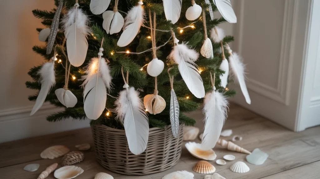 Coastal boho Christmas tree with feathers and shells.