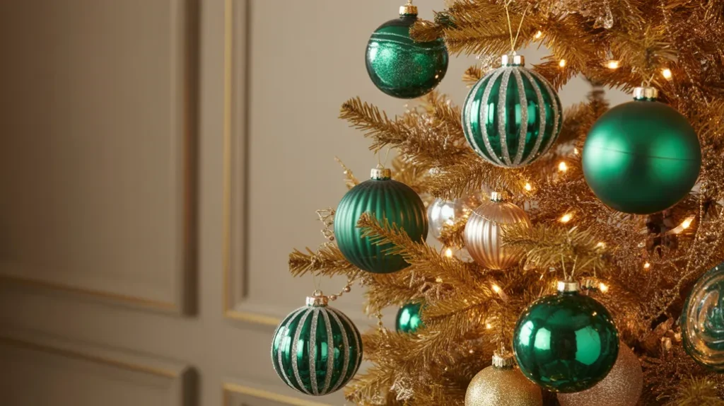 Emerald glass and crystal ornaments reflecting light for sophisticated holiday decor.