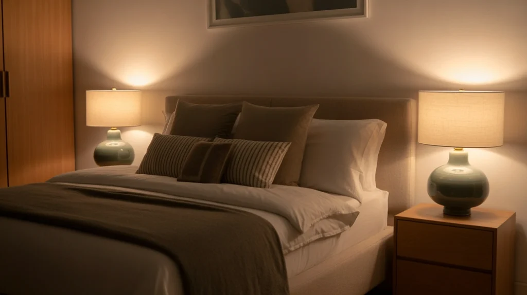Light blue bedroom with ceramic bedside lamps and warm dim lighting for relaxation.