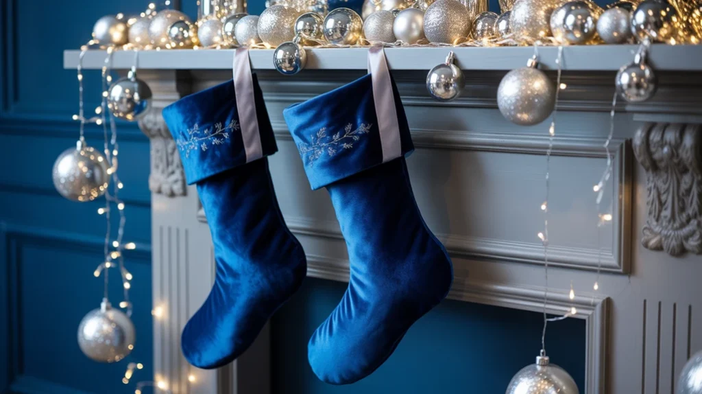 Midnight blue and silver Christmas palette with velvet stockings, silver baubles, and frosted winter sparkle.