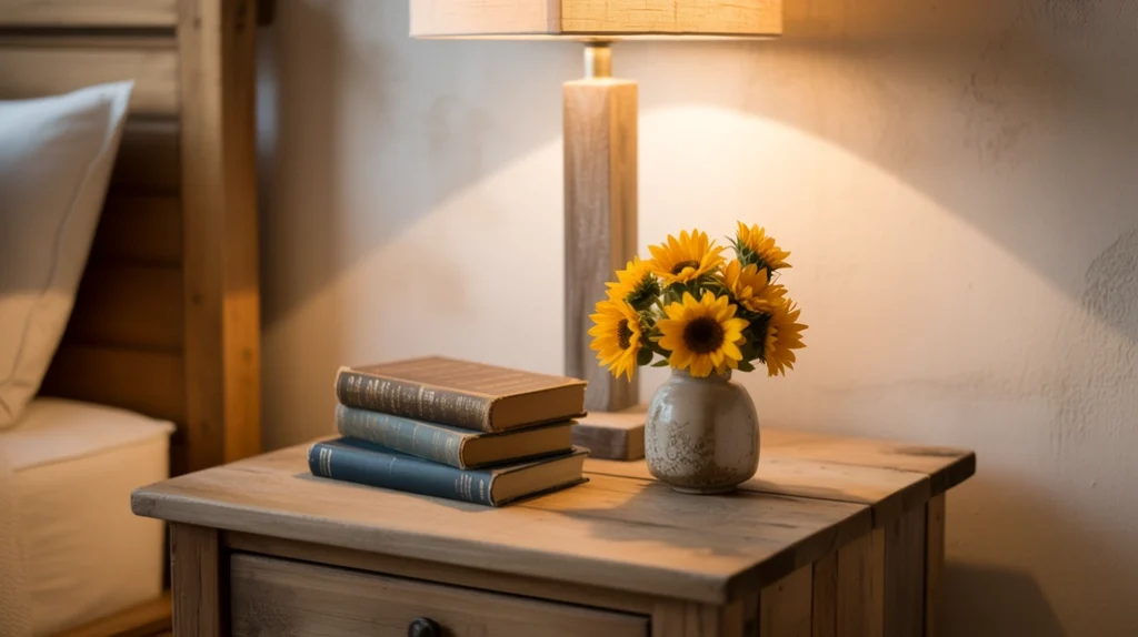 nightstand styled with lamp, flowers, and vintage books in a farmhouse bedroom.