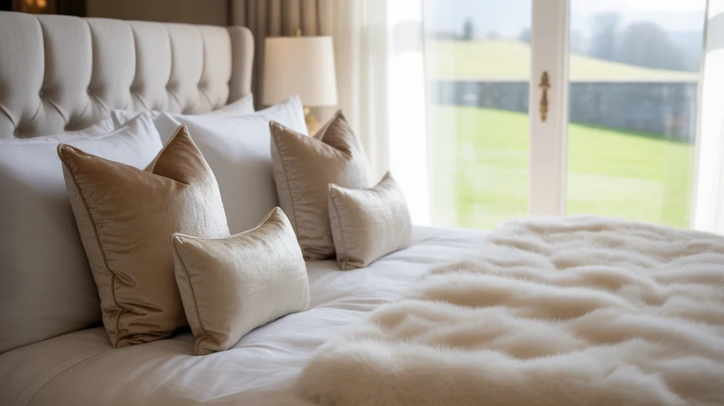 High-quality bedding with crisp linen sheets, fluffy duvet, and velvet pillows