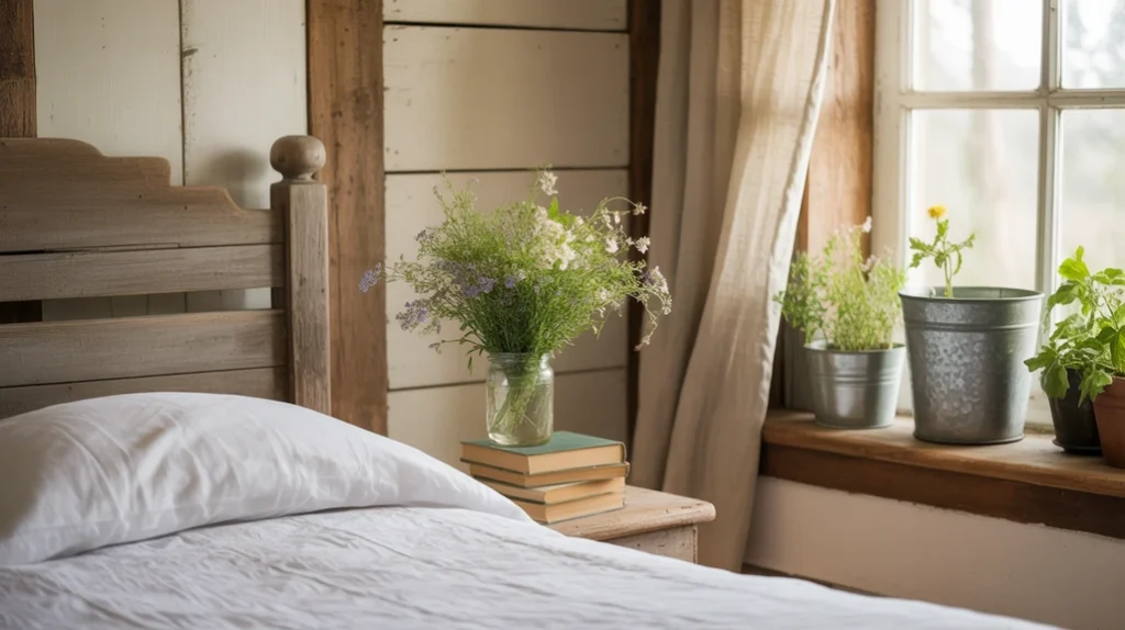 Rustic farmhouse bedroom with greenery and rustic planters.