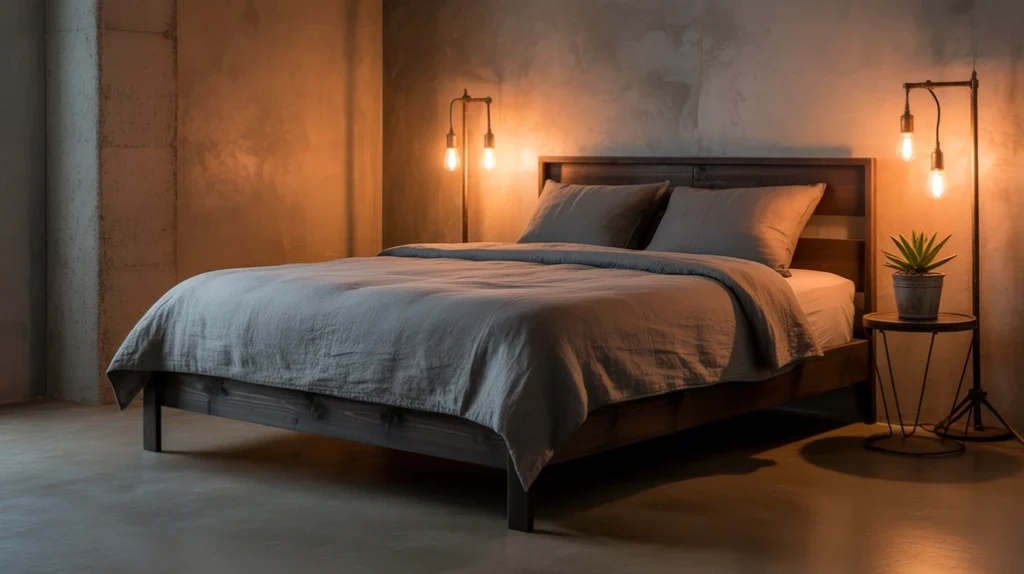 Rustic industrial bedroom style with wood, metal furniture, and Edison bulbs