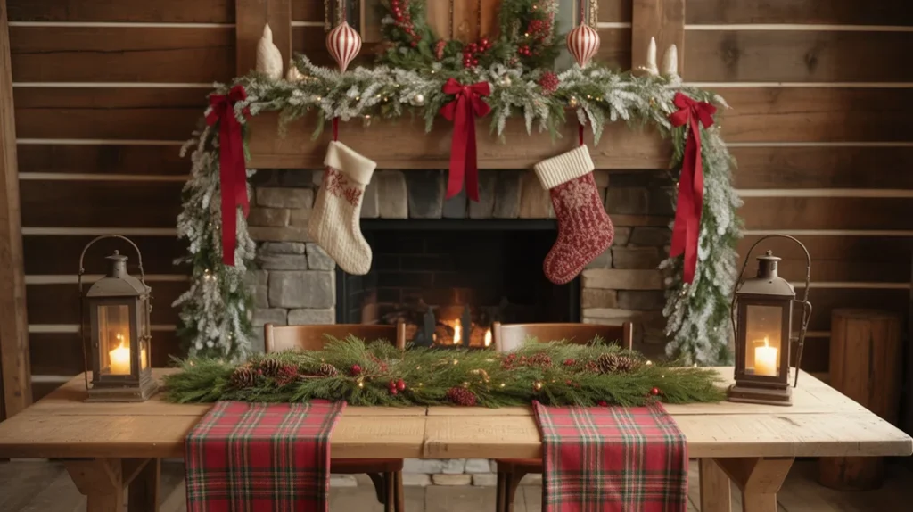 rustic christmas decor using natural wood, red berries, and plaid textures to create warm farmhouse holiday vibes.