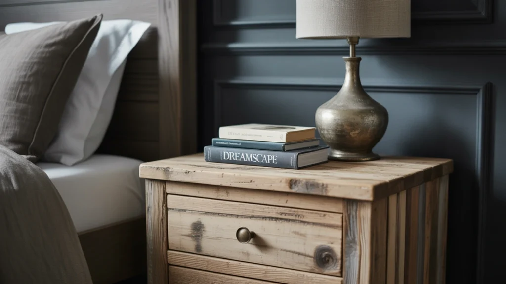 Moody bedroom mixing rustic wood furniture with dark painted walls.