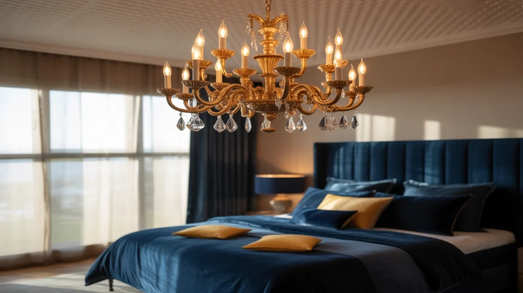 statement-lighting-navy-bedroom-idea → Statement chandelier lighting in a navy blue bedroom
