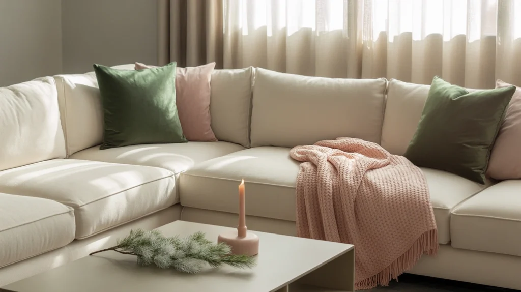 Modern living room with subtle Christmas colors, blush and green accents on a neutral backdrop.