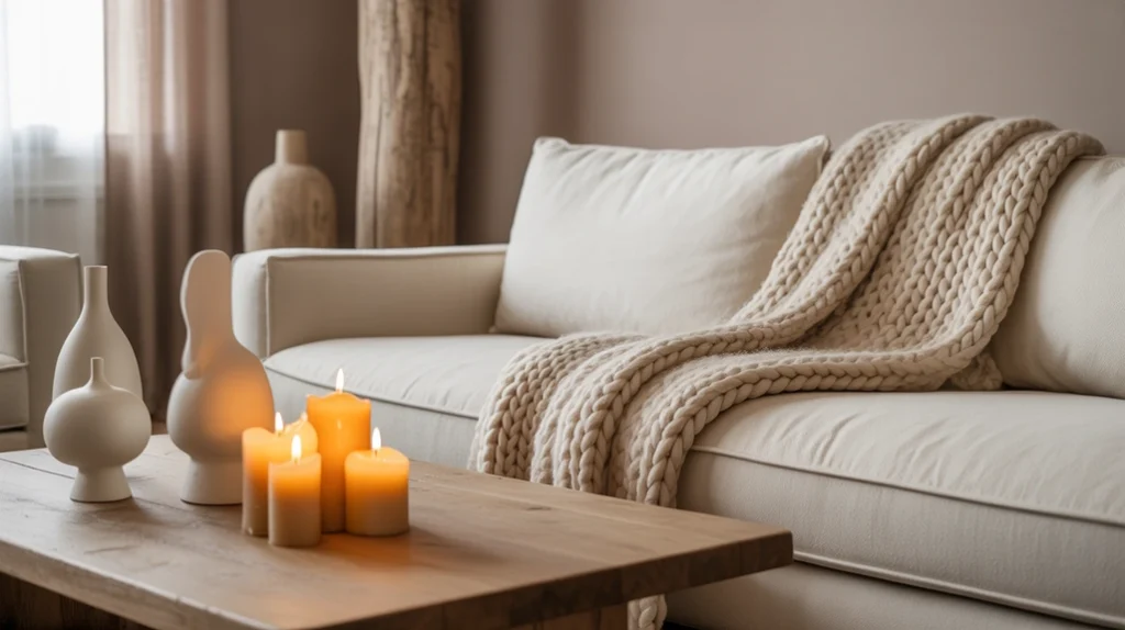 Taupe and white neutral Christmas color palette with soft beige accents, candles, and minimal holiday design.