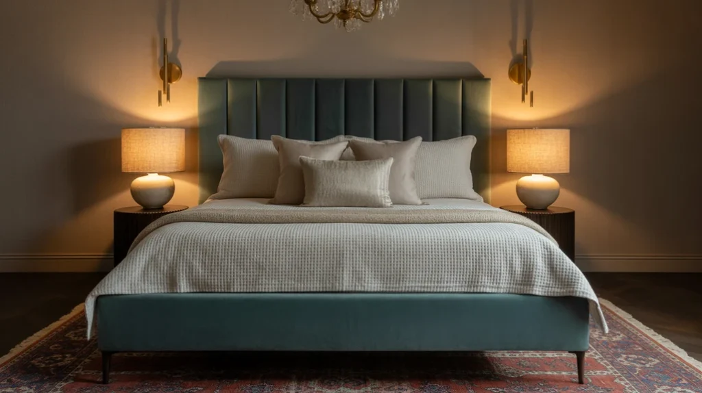 Unique lighting fixtures blending modern and bohemian elements in eclectic bedroom design ideas.