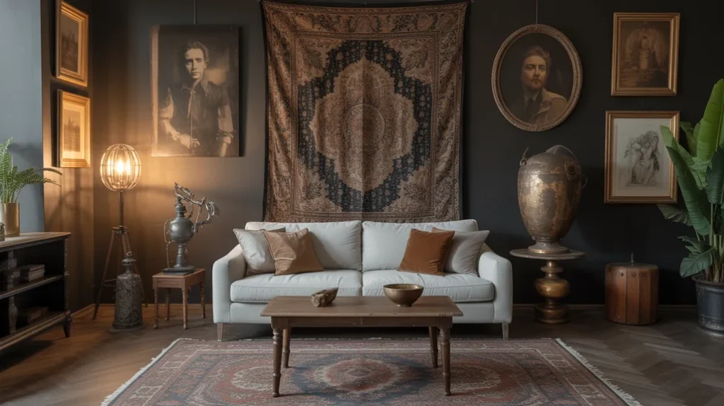 Modern sofa paired with vintage bohemian decor and tapestry in a dark living room