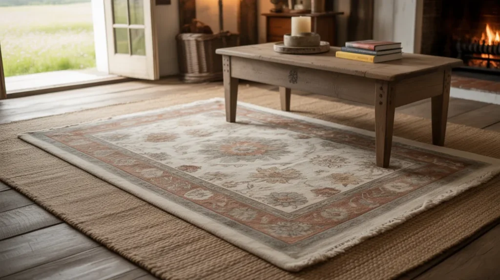 Layered rugs in a warm farmhouse living room with jute and patterned styles.