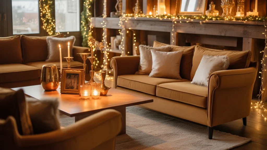mocha and gold color palette in living room with brass accents and twinkling fairy lights creating warm Christmas glow.