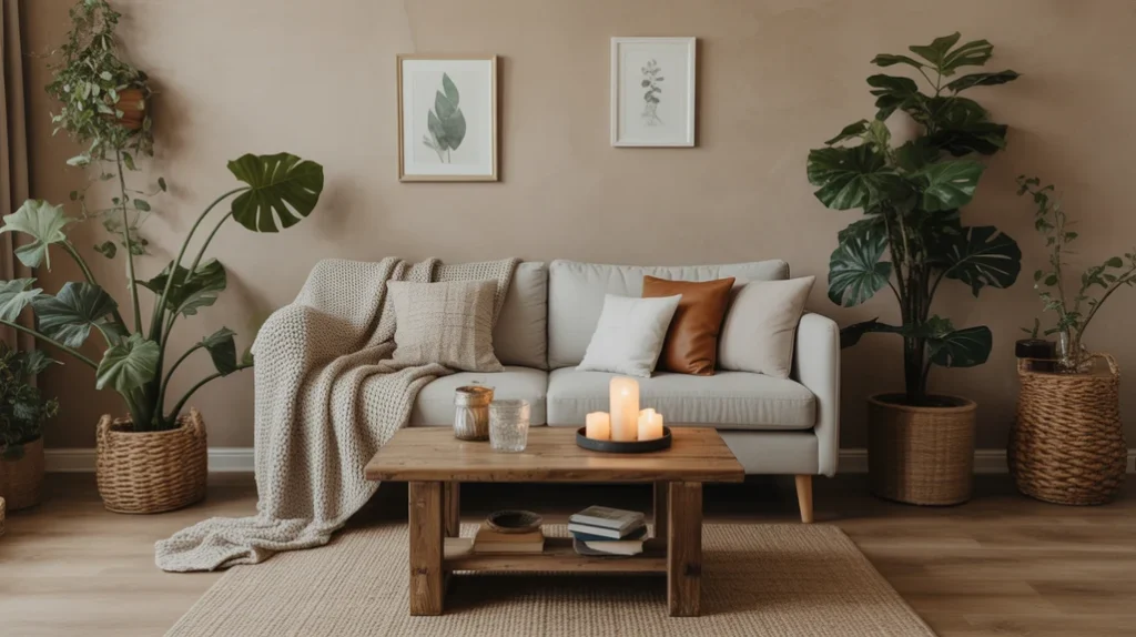 cozy earthy living room with rustic wood accents and warm lighting