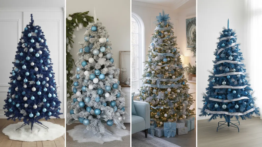 Collage of elegant blue & silver Christmas tree themes featuring coastal, modern, and Scandinavian décor with metallic ornaments and frosted garlands.