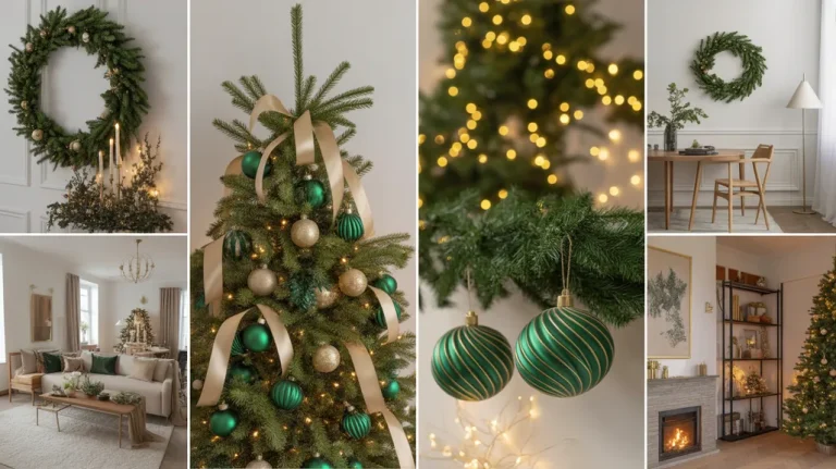 Elegant living room collage featuring gold & green Christmas color trends with emerald ornaments, brass accents, and cozy lighting.
