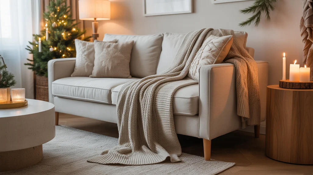 Cozy living room styled with taupe, sage, and ivory tones, candles, and greenery — showcasing elegant Christmas winter color palettes for warm festive interiors.