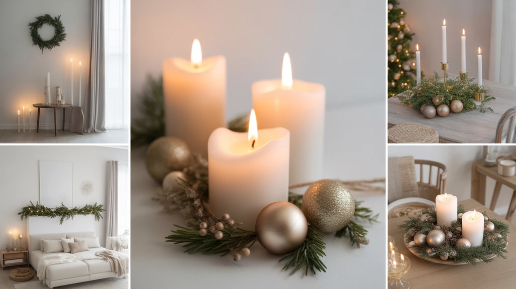 Elegant living room collage showing minimalist & neutral Christmas palettes with beige, gold, and sage décor ideas.