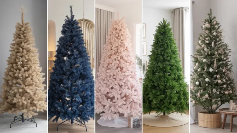 Elegant collage featuring modern Christmas tree color schemes with champagne, navy, blush, and emerald tones in cozy holiday interiors.