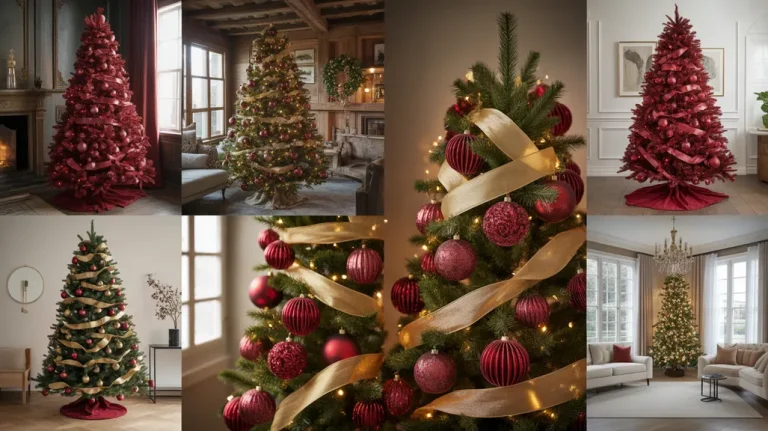 Collage of elegant red & gold Christmas tree ideas showing classic, rustic, and modern holiday décor with velvet ribbons and metallic ornaments.