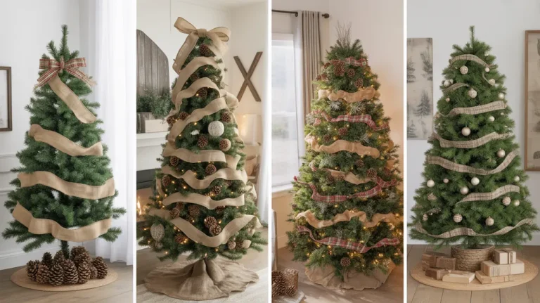 Rustic & farmhouse Christmas tree décor with burlap ribbon, plaid accents, and wooden ornaments for a cozy holiday home.