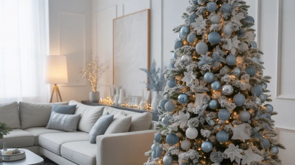 Stylish living room with a blue and silver Christmas tree decorated with mirrored ornaments, glass baubles, and LED fairy lights for a modern winter look.