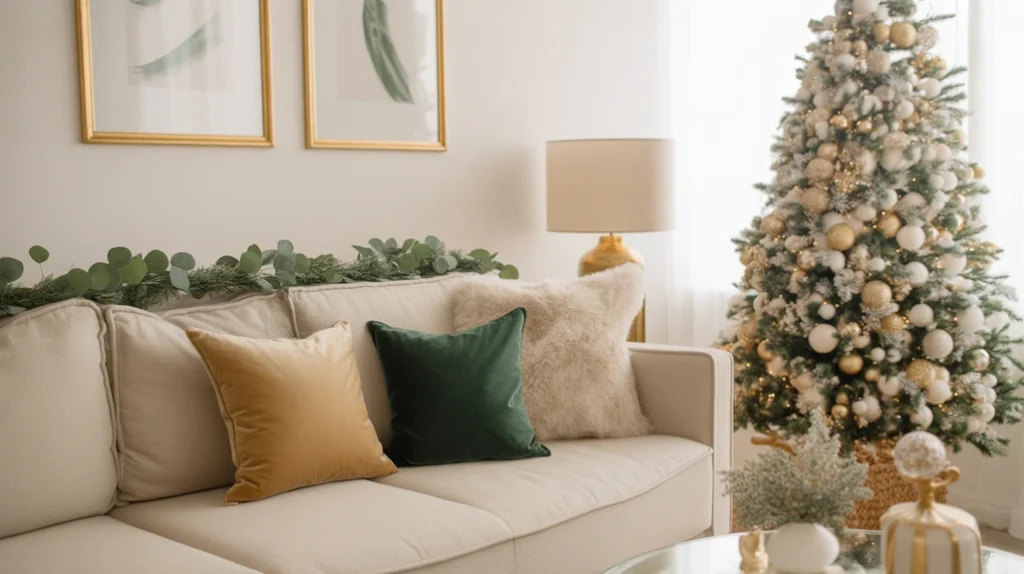 Modern neutral living room decorated with gold and green Christmas décor including velvet pillows and eucalyptus garlands.