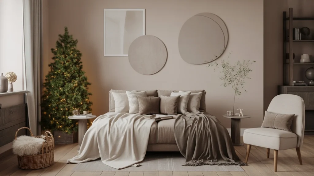 Modern home interior featuring layered textures, gold accents, and forest-green decor — a serene example of Christmas winter color palettes for cozy holiday styling.