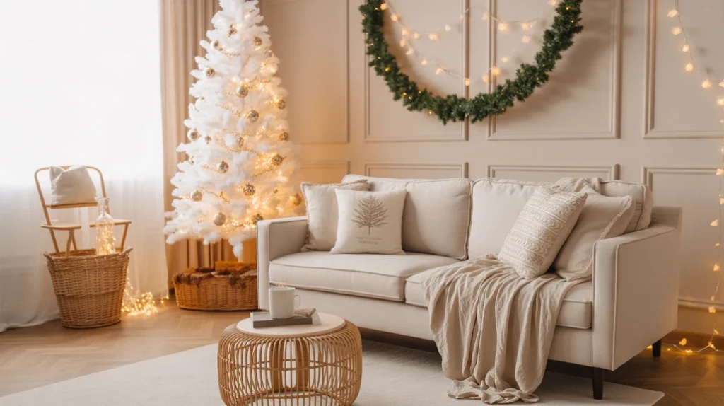 Cozy Scandinavian room styled with neutral Christmas décor in ivory, taupe, and gold tones for a calm holiday look.