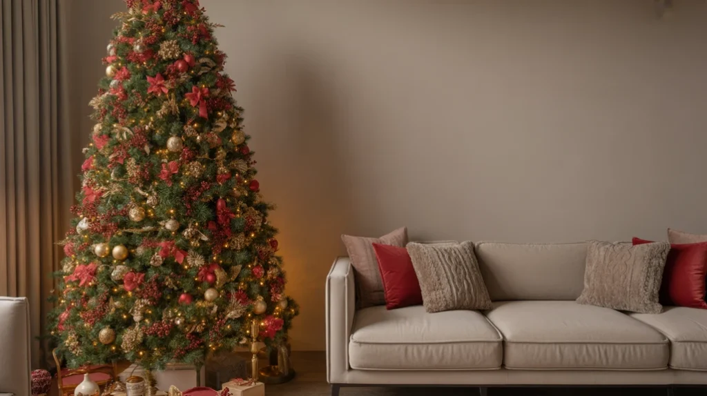 Classic red and gold Christmas tree with glossy ornaments, gold garlands, and white lights in a traditional living room holiday setting.