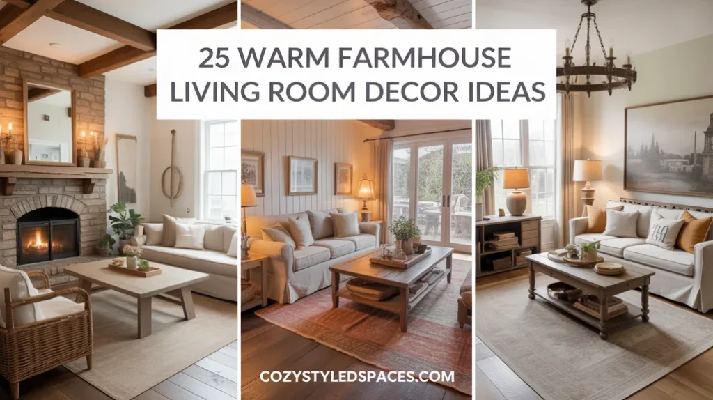 Collage of warm farmhouse living room decor ideas with stone fireplace, slipcovered sofa, and cozy rustic accents.