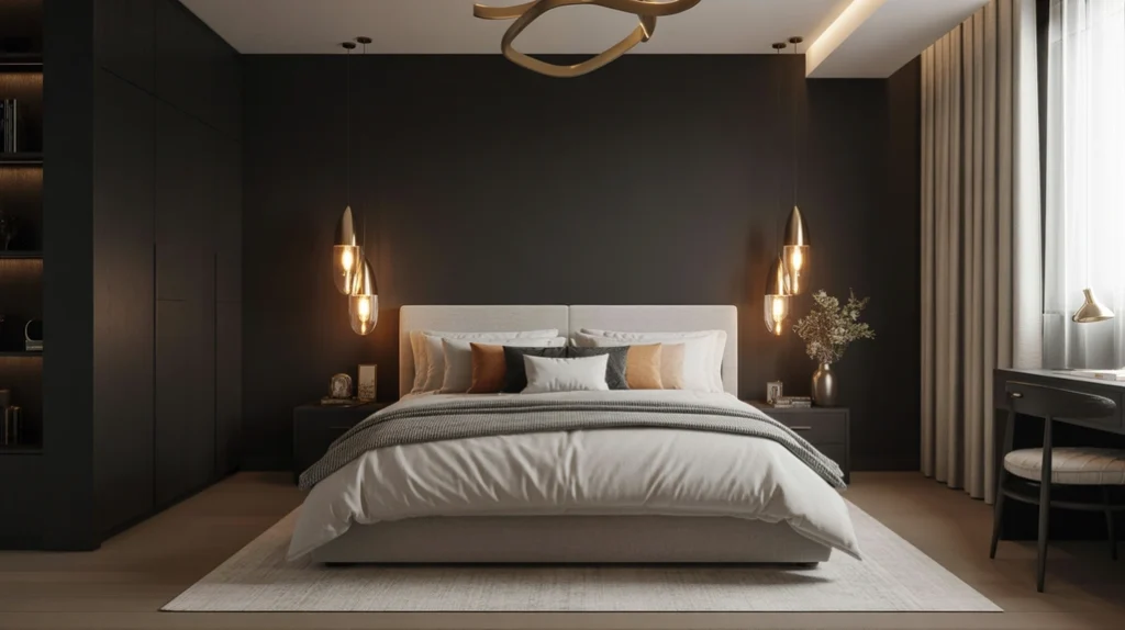 Featured image showing an elegant black bedroom with matte walls, gold lighting, and layered textures.