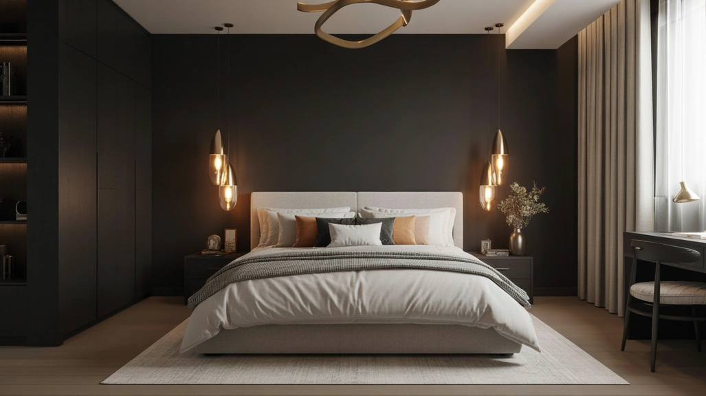 Featured image showing an elegant black bedroom with matte walls, gold lighting, and layered textures.