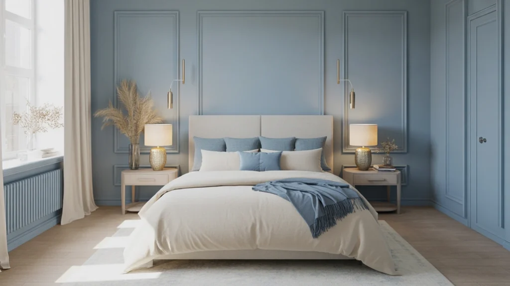 Blue and cream bedroom with soft blue walls, cream bedding, and gold accents creating a calm elegant retreat.