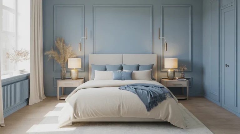 Blue and cream bedroom with soft blue walls, cream bedding, and gold accents creating a calm elegant retreat.
