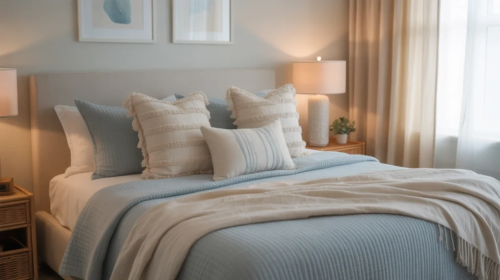 Cozy blue and cream bedroom featuring layered textures, warm lighting, and a relaxing modern coastal style.