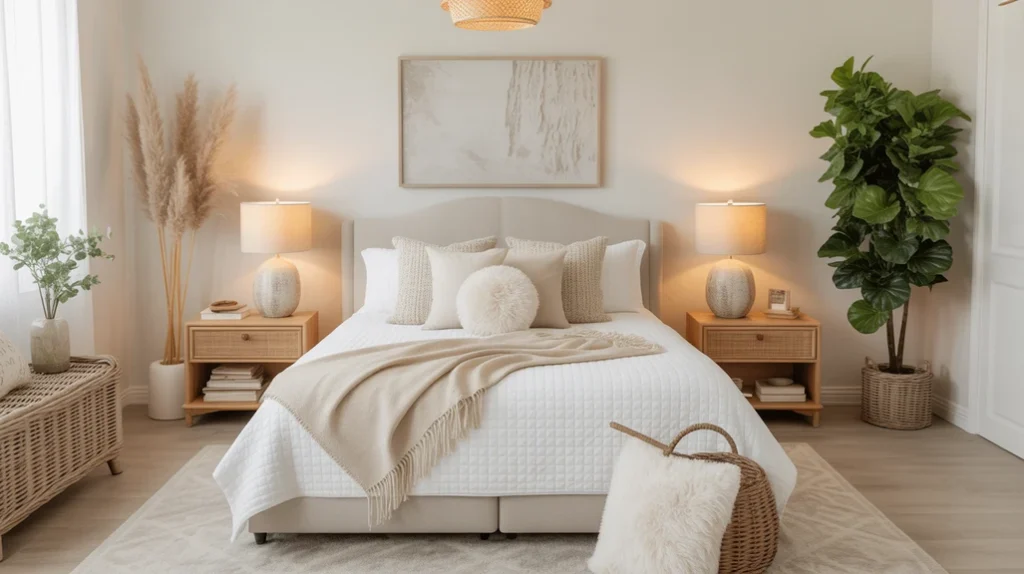 Inviting cozy bedroom with modern farmhouse décor, rattan accents, layered bedding, and warm neutral colors.
