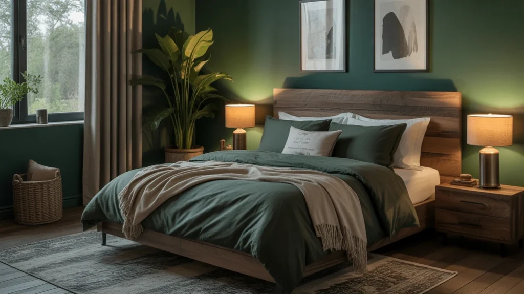 Inviting cozy moody bedroom with emerald walls, rustic wood décor, and layered bedding for a stylish retreat.