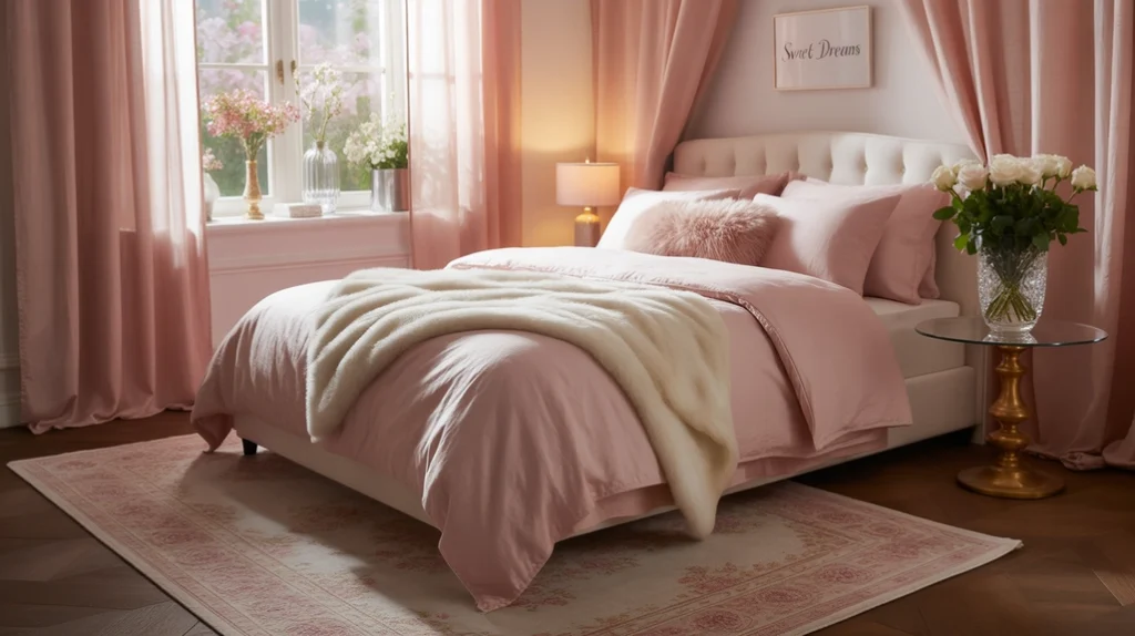 Romantic bedroom with blush pink accents, flowers, and soft lighting creating a cozy atmosphere.