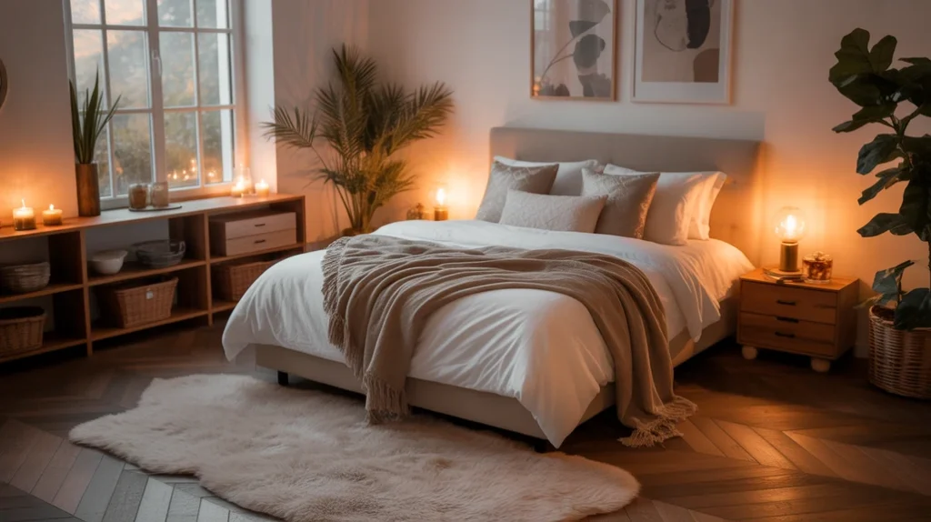 Cozy warm bedroom ideas with layered bedding, soft lighting, and rustic accents for a relaxing and inviting retreat.