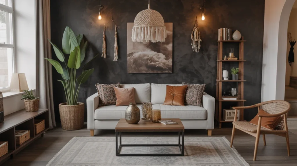 Dark boho living room decor ideas with velvet sofa, vintage rug, plants, and ambient lighting.